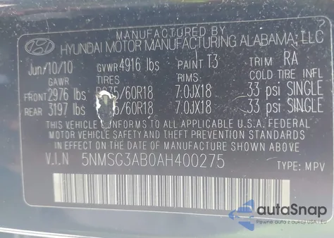 2010 Hyundai Santa Fe Gls from USA, damaged, VIN 5NMSG3AB0AH400275